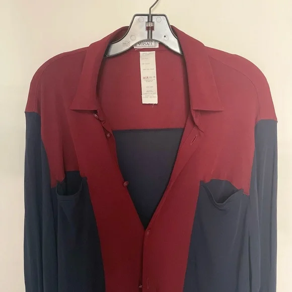 GIANNI VERSACE] By Gianni Versace Navy Burgundy Jersey Button down shirt
